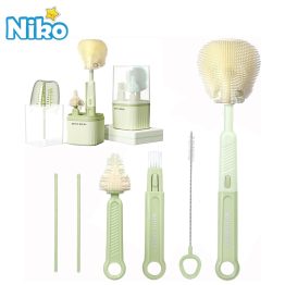 NIKO 6 in 1 Portable Travel Baby Bottle Cleaning Brush Set With Silicone Bottle Brush Straw Brush Nipple Brush Bottle Drying Rack